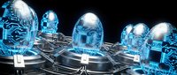 Futuristic glowing eggs with circuit board patterns on metallic stands, representing technology, AI, and digital innovation concepts.