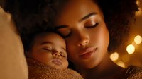 African American mother tenderly holding sleeping newborn baby in warm golden light creating intimate bonding moment for family and parenting concepts.