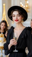 Elegant young woman in black dress and hat holding champagne glass at luxury party, with blurred Eiffel Tower lights in background. Red lipstick and gold earrings complete look.