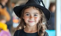 Young girl wearing black witch hat and costume smiles warmly at Halloween celebration, showcasing natural joy and innocence with rosy cheeks and long braided hair.