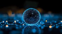 Glowing blue digital sphere with network connections floating above reflective surface against dark background with bokeh lights creates futuristic atmosphere.