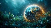 Glowing planet Earth among lush green plants and magical fireflies in mystical forest setting with starry night sky and ethereal turquoise nebula background.