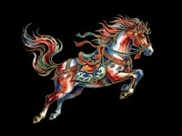 Ornate folk art horse leaping with colorful decorative patterns, isolated on transparent background. Great for t-shirts, stickers, print on demand, and sublimation designs.