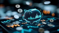 Glowing neon piggy bank with city skyline silhouette on financial chart background with floating dollar coins, representing savings and investment growth.
