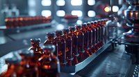 Glass amber bottles on automated production line at beverage manufacturing facility. Industrial bottling conveyor system with quality control lighting.