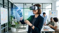 Professional businesswoman using VR headset interacting with holographic data interface in modern office environment for technology training applications.