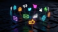 Glowing neon social media and digital marketing icons floating above dark keyboard surface for business technology presentations and campaigns.