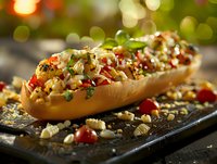 Gourmet hot dog topped with fresh corn salsa, diced tomatoes, herbs and seasonings on rustic wooden board with festive bokeh lights in background.