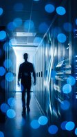 Silhouette of businessman walking through modern data center corridor with blue bokeh lights and server racks for technology and digital transformation concepts.