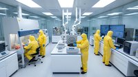 Scientists in yellow hazmat suits working in sterile cleanroom laboratory with advanced equipment for pharmaceutical research and development.