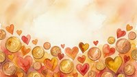 Watercolor background with golden coins and red hearts in warm tones, copy space for Valentine's Day, finance, or love-themed designs.