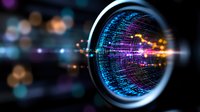 Futuristic circular tunnel with glowing blue and purple digital patterns, light streaks, and orange energy beam against dark background with bokeh effects.