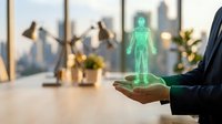 Businessman holding holographic human figure projection in modern office workspace representing digital healthcare technology and medical innovation concepts.