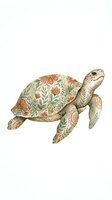 Decorative sea turtle with floral patterned shell and ornate botanical details, isolated on white background for design, print, and clipart applications.