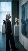 Middle-aged Caucasian woman in dark clothing contemplating blue abstract painting in modern art gallery with sculptures and natural light from windows.