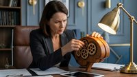 Professional businesswoman examining ornate wooden box with intricate carved pattern in elegant office setting with brass lamp and leather furniture.