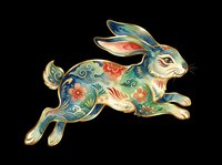 Ornate leaping rabbit with floral and wave patterns in teal, red, and gold, isolated on transparent background. Great for stickers, t-shirt design, and print on demand.