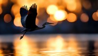 Silhouette of heron flying over water at sunset with golden bokeh lights reflecting on calm surface, wings spread against dramatic orange sky background.