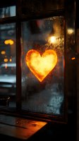 Glowing heart shape drawn on foggy window glass with warm evening light creating romantic atmosphere. Bokeh lights visible through condensation.