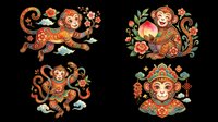 Decorative monkey illustrations with ornamental floral patterns, isolated on transparent background. Ready for t-shirt design, clipart, stickers, sublimation, and print-on-demand projects.