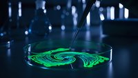 Futuristic holographic display with green spiral data visualization on transparent screen in modern tech environment for digital innovation concepts.