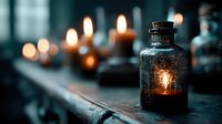 Atmospheric vintage glass bottle with glowing candle light inside on dark wooden surface, with blurred burning candles in background creating moody ambiance.