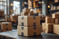 Cardboard shipping boxes stacked in modern warehouse facility with blurred storage background for logistics and delivery operations.
