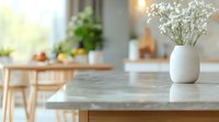 White gypsophila flowers in ceramic vase on marble countertop, bright modern kitchen interior with wooden furniture and fresh fruits in soft morning light.