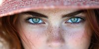 Close up view of bright blue eyes and natural freckles under pink sun hat brim, capturing youthful feminine beauty and innocence in soft natural lighting.