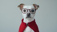 Funny portrait of smart dog wearing red cape and glasses against light background. Adorable pet with intellectual look posing for camera.