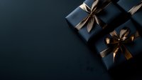 Elegant navy blue gift boxes with luxurious golden ribbon bows arranged on dark background, creating sophisticated festive composition with copy space.