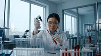 Asian female scientist in white lab coat examining test tube in modern laboratory with equipment and glassware for research and development work.