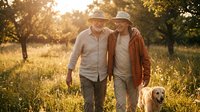 Two senior men walking together with golden retriever dog in sunny park during golden hour sunset, friendship and active lifestyle concept.