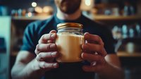 Hands holding mason jar with creamy coffee drink in dark atmospheric cafe setting. Moody lighting creates cozy ambiance with blurred background of coffee shop interior.