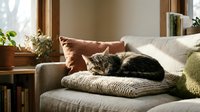 Tabby cat sleeping curled up on a cozy sofa with soft cushions and warm sunlight streaming through a window in a cozy home interior.