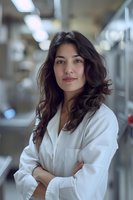 Young Hispanic female medical professional with long dark wavy hair wearing white lab coat stands confidently with arms crossed in hospital corridor. Soft bokeh background.