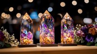 Glowing crystal towers with preserved flowers and fairy lights create magical atmosphere against blurred bokeh background, mystical home decor piece.