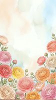 Watercolor ranunculus flowers in pastel pink, orange, and yellow tones on a soft gradient background, perfect for cards and invitations.