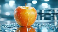 Fresh ripe yellow apple with water drops on wet surface against blurred blue bokeh background, macro photography for food and healthy lifestyle.