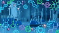 Scientific laboratory background with molecular structures, DNA chains, and geometric shapes floating over blurred lab equipment for research presentations.