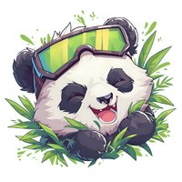 Happy panda wearing ski goggles surrounded by bamboo leaves, cartoon style illustration with cheerful expression and green foliage background.