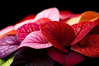 Vibrant red anthurium flowers with water droplets on petals against black background, macro photography showing detailed texture and natural patterns in tropical flora.