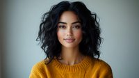 Young Middle Eastern woman with curly dark hair and natural makeup wearing yellow knitted sweater smiling at camera against light background. Professional portrait.