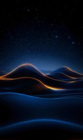Glowing orange and blue waves create abstract mountain landscape under starry night sky, featuring smooth curved lines and gradients for modern design background.