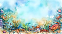 Vibrant underwater coral reef scene with tropical fish, sea plants and marine life in watercolor style. Aquatic ecosystem with colorful corals and ocean fauna.