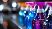 Colorful cleaning spray bottles in purple and blue with bokeh background effect, close up view showing liquid detergent with bubbles inside transparent containers.