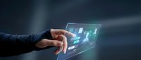 Hand touching holographic digital interface with glowing data visualization and technology icons for business, innovation, and futuristic digital transformation concepts.