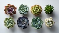 Collection of colorful succulent plants arranged in two rows showing variety of shapes, colors, and textures on white background.