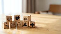 Wooden blocks with wellness symbols including brain, heart, lotus, magnifying glass, scales, meditation figure and cross on natural wood surface.