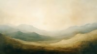 Atmospheric mountain landscape in muted earth tones, featuring rolling hills and distant peaks under misty morning sky, creating serene minimalist composition.